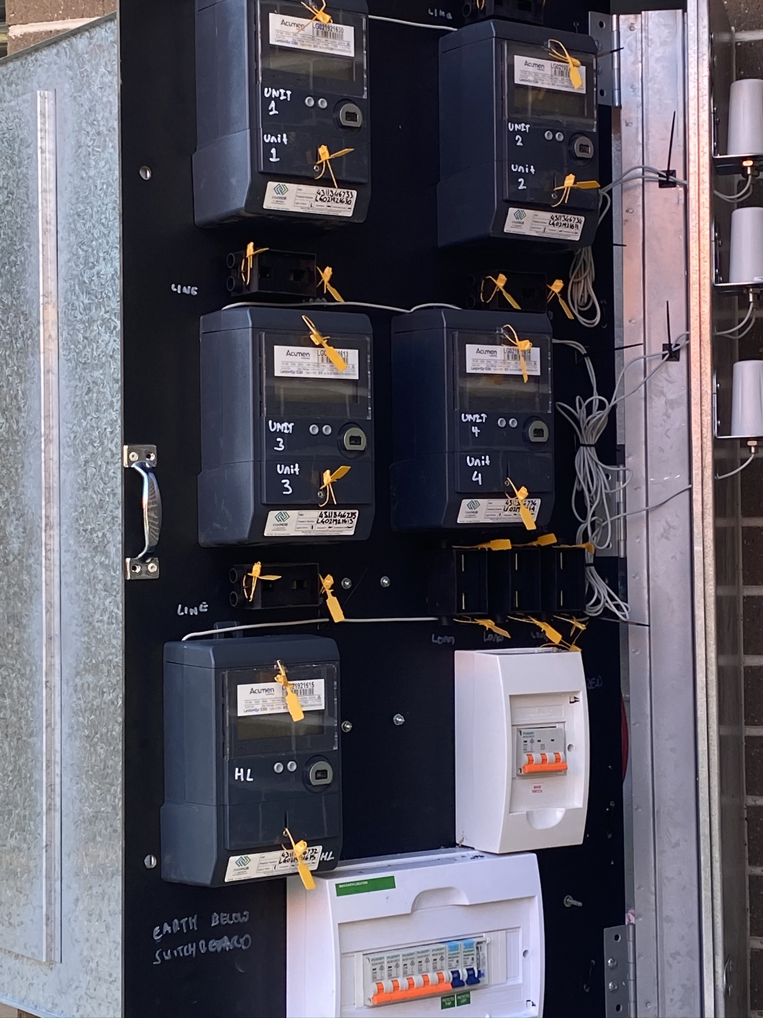 Galvanised meter and switchboard enclosure with five electricity meters labelled Unit 1 to Unit 4 and HL